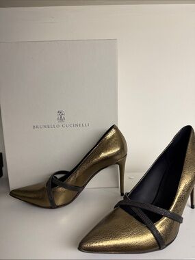 Brunello Cucinelli Metallic Gold Pointed-Toe Cross-Strap Pump
